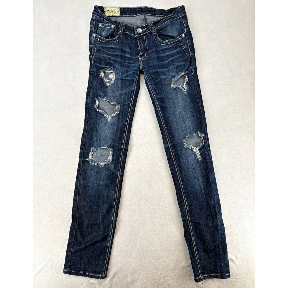 Machine Skinny Slim Fit Jeans Blue Dark Wash Distressed Low Rise Denim Women 29